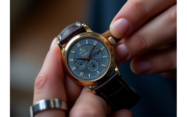 A hand holding a loupe inspecting a vintage watch dial, focusing on tiny details.