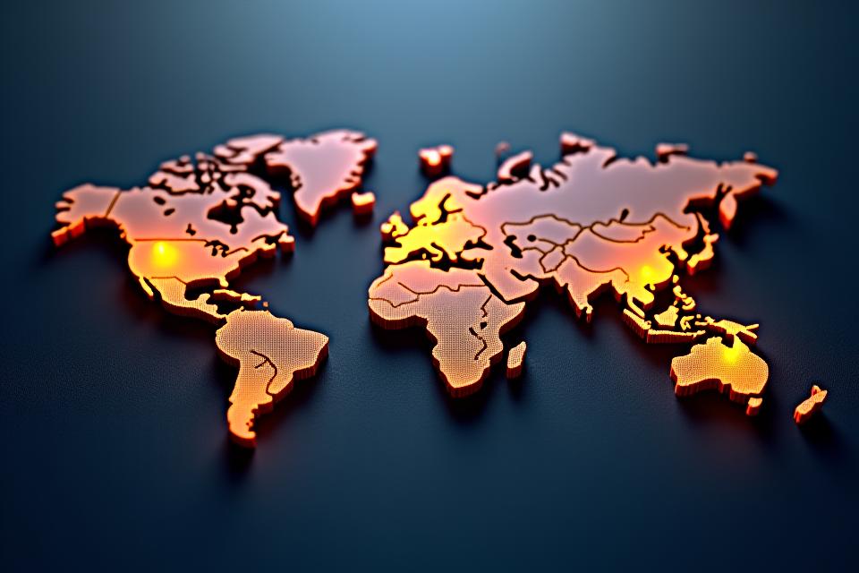 Stylized world map with glowing pinpoints at London, New York, and Dubai, symbolizing global presence.