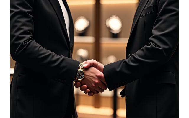 Two elegantly dressed men shaking hands in front of a subtly branded luxury watch display.