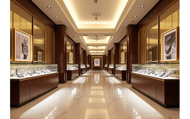 Modern interior of a luxury watch boutique in Dubai Mall with traditional Arabic design elements