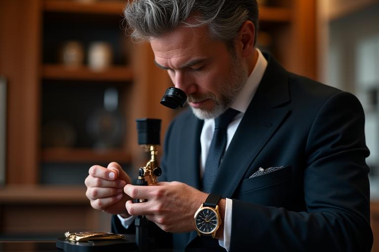 A finely dressed horologist examining a luxury watch with a loupe, conveying expertise and precision