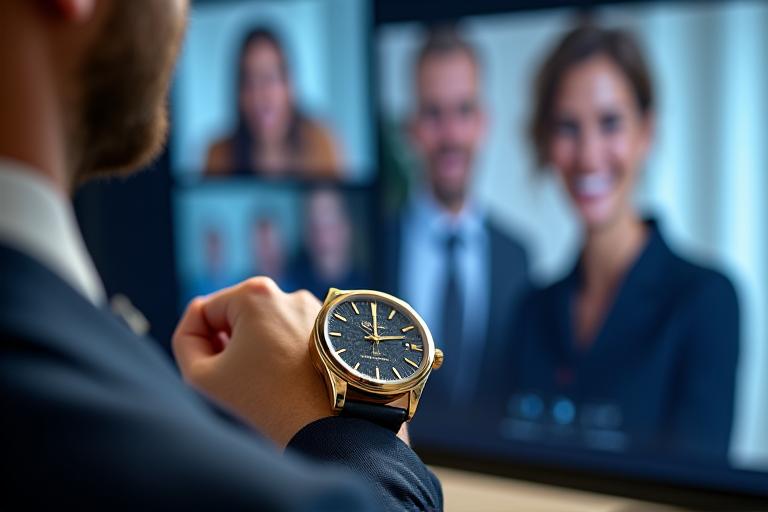 A professional virtual meeting showing a close-up of a luxury watch on screen, symbolizing remote service