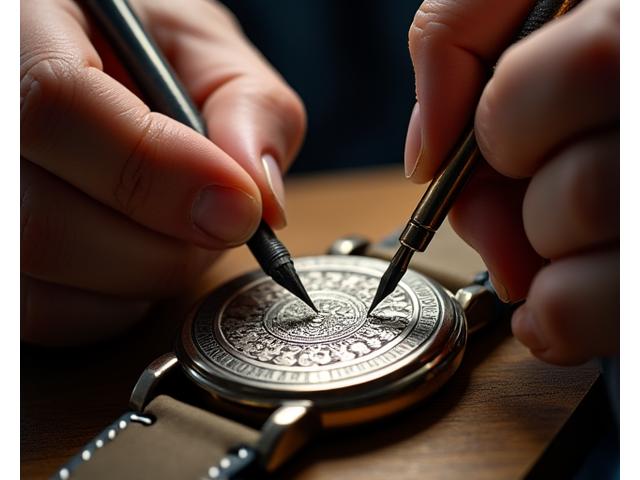 A master engraver meticulously working on a watch case under soft studio light, showcasing detailed etching.