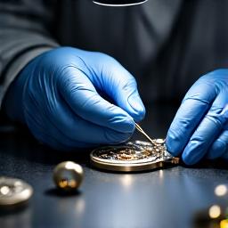 Hands of a watchmaker working on a complex watch movement with tiny tools and magnifiers, surrounded by intricate gears.