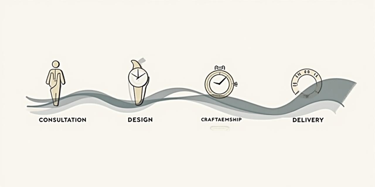 Illustration of the bespoke watch design process, showing stages from consultation to craftsmanship, in an elegant and sophisticated style.