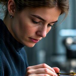 A dial artisan carefully applying a delicate finish to a watch dial using a fine brush, in a clean workshop.