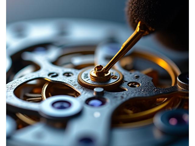 Close-up on a watch movement, with a craftsman adding a tiny, intricate detail, highlighting precision and fine finishing.