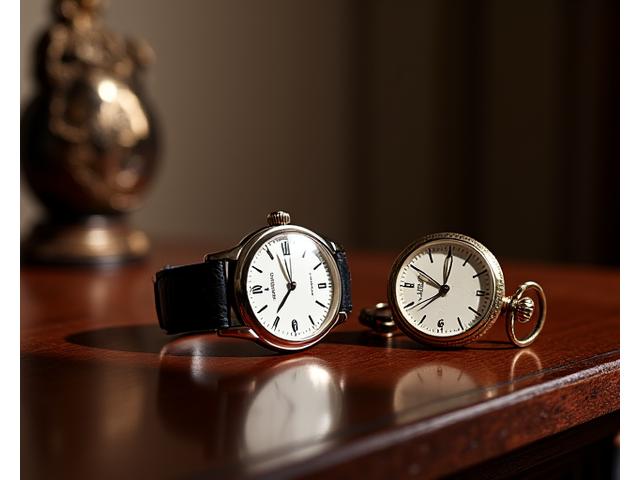An antique pocket watch lying on a polished wooden desk next to a modern, elegant watch, symbolizing timeless heritage and generational value.