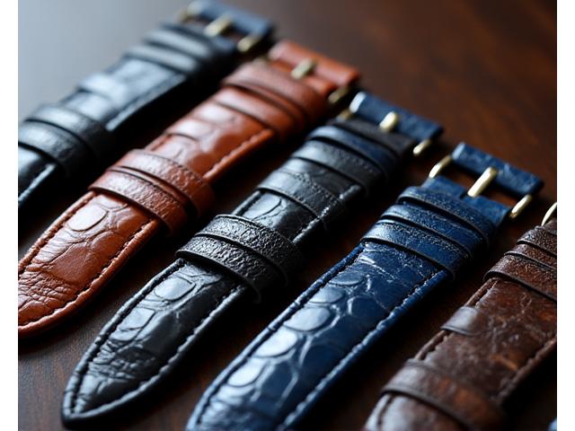 Various luxury watch straps made from exotic materials like alligator, stingray, and bespoke textiles, displayed elegantly.