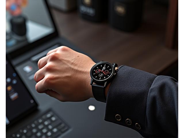 A luxury smartwatch connected to a smartphone, showing synchronized professional notifications and calendar events