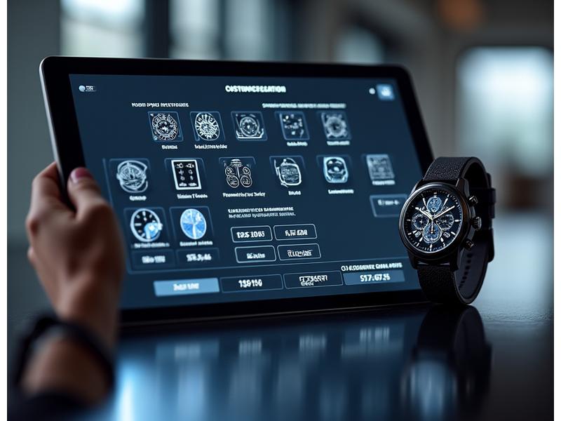 A digital interface for customizing a luxury smartwatch, showing options for watch faces, strap materials (leather, metal), and engraving previews.