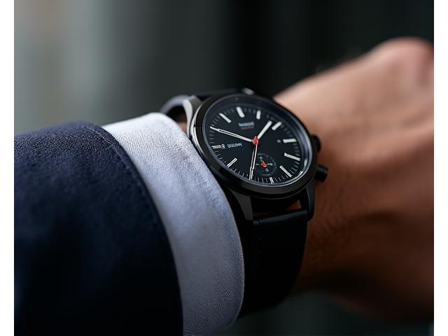 Close-up of a luxury hybrid smartwatch highlighting its advanced display capabilities