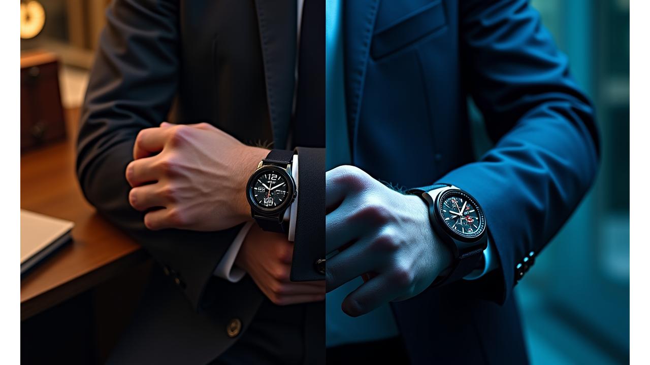 Luxury hybrid smartwatch displaying classic watch face and digital health metrics, integrated into a professional setting