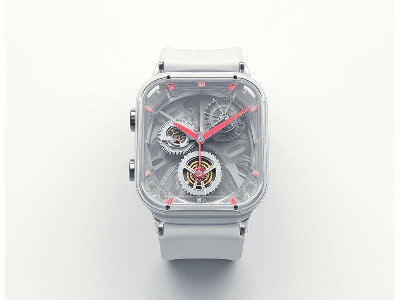 Infographic illustrating the components and functionality of a luxury hybrid smartwatch, showing analog hands over a digital display.