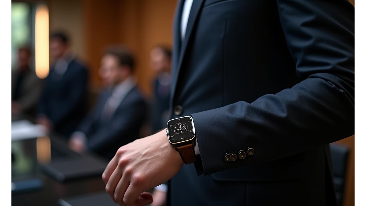 A man wearing a luxury hybrid watch in a sophisticated office setting, discreetly checking a notification during a business meeting.