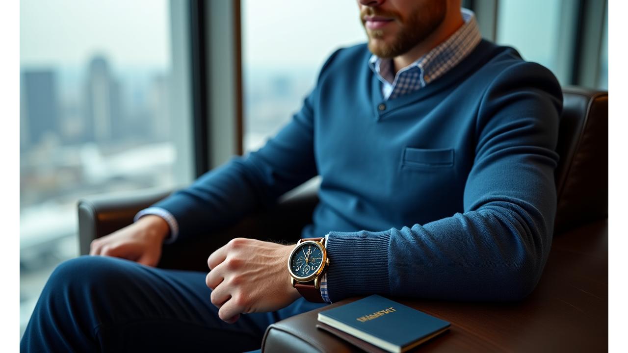 A man wearing a luxury hybrid watch at an airport lounge, displaying world time while casually overlooking maps.