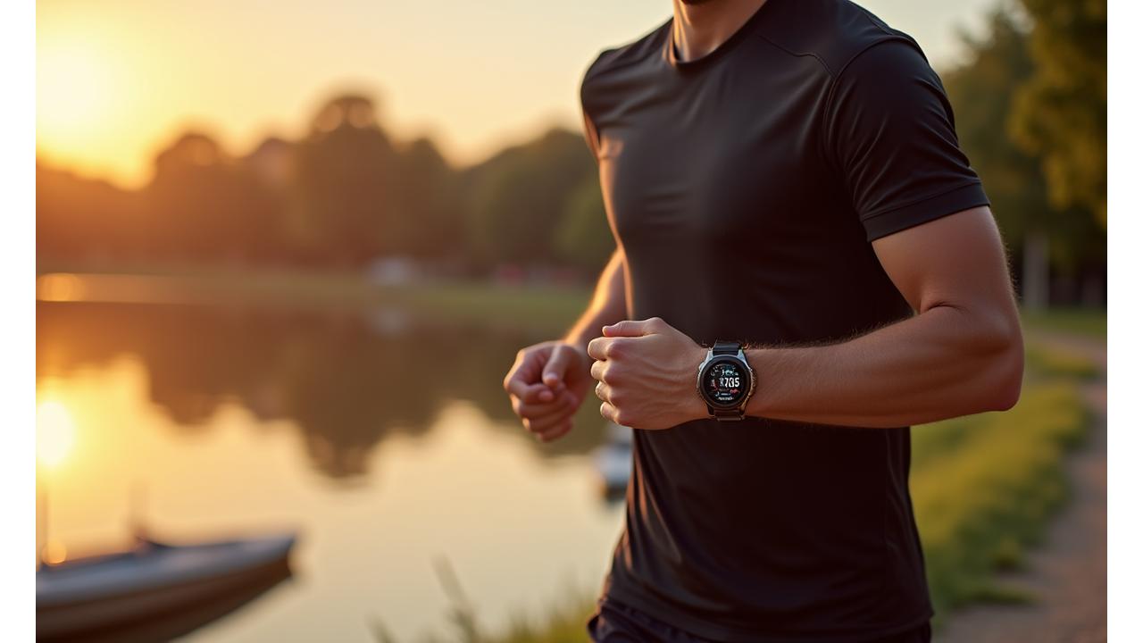 A man wearing a luxury hybrid watch during a morning run, watch face showing fitness tracking data seamlessly.