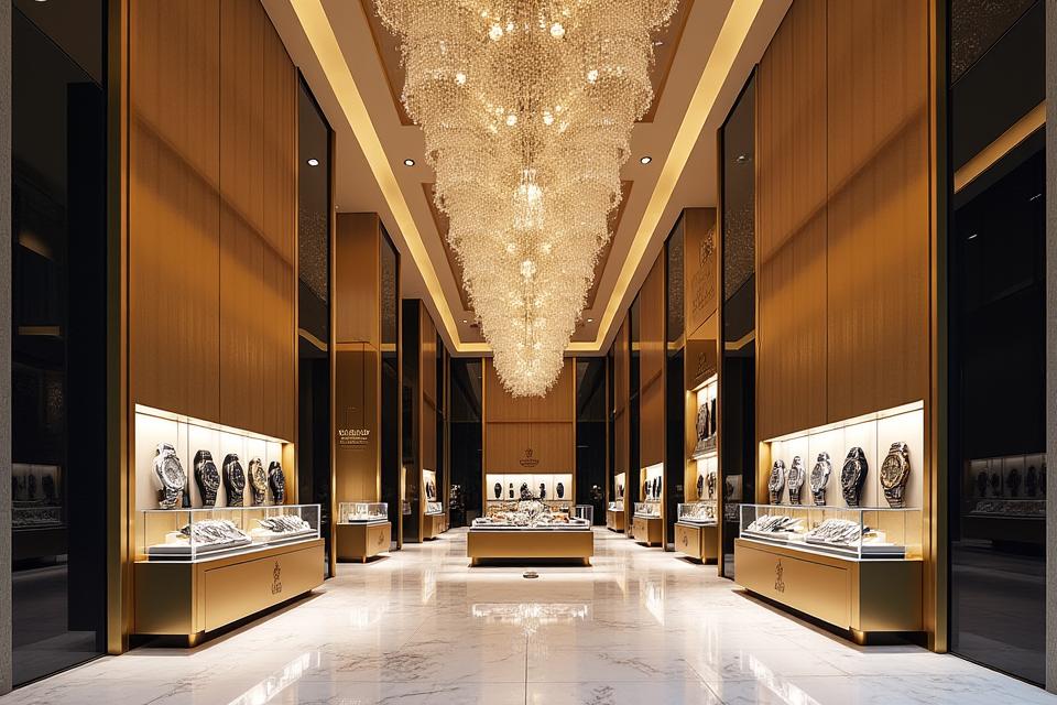 Luxurious exterior of the Luxury Watches Dubai Mall Flagship Boutique, showcasing grand architectural details and the mall environment.