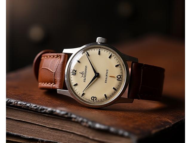A finely preserved vintage watch with patinated dial on a dark, textured background