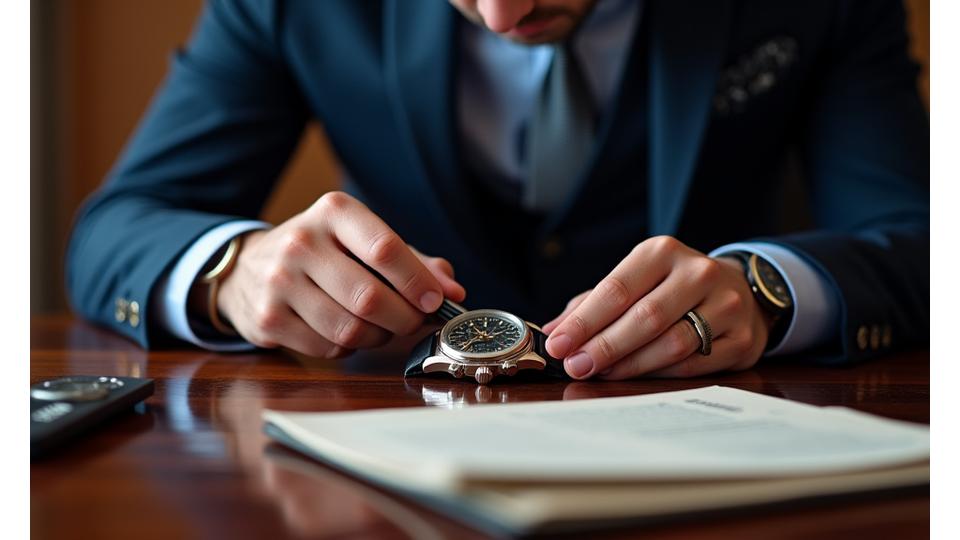 An expert horologist meticulously examining a watch movement under a loupe, surrounded by precision tools and official appraisal documents on a polished wooden desk.