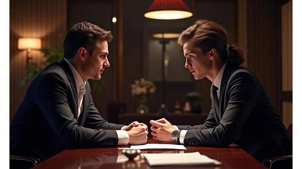 Two elegantly dressed individuals, a horological consultant and a client, in a luxurious, dimly lit office, discussing a watch on a desk with papers and elegant lighting, symbolizing a professional investment consultation.