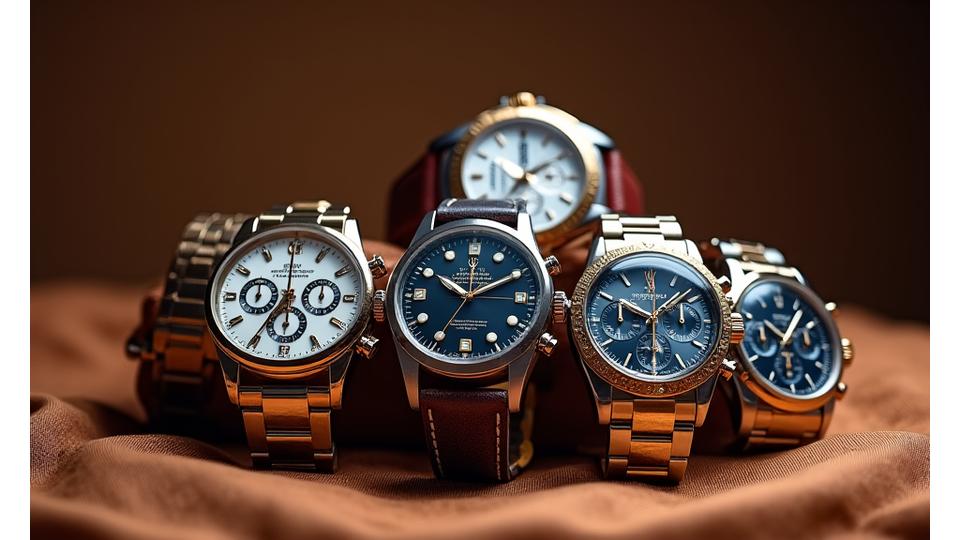Illustration of a balanced investment portfolio represented by various iconic watch types—vintage chronographs, modern divers, and elegant dress watches—arranged harmoniously on a grid.