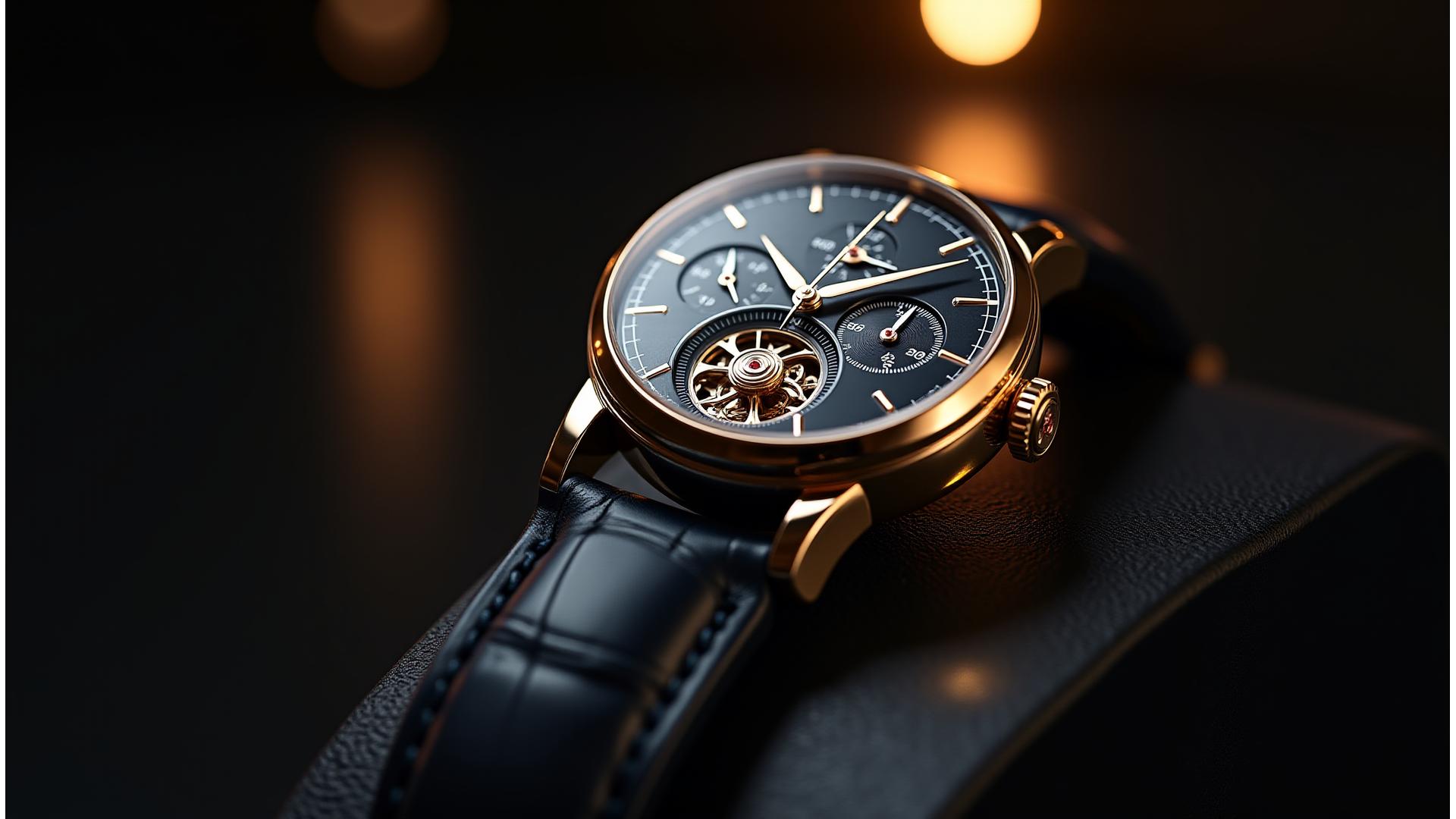 Close-up of a meticulously crafted, vintage tourbillon timepiece on a dark, reflective surface, symbolizing horological investment mastery, with subtle light reflections.