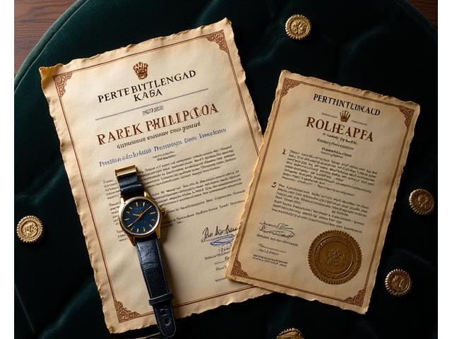 A vintage watch with a detailed certificate of authenticity and provenance documents, laid out on a plush velvet surface.