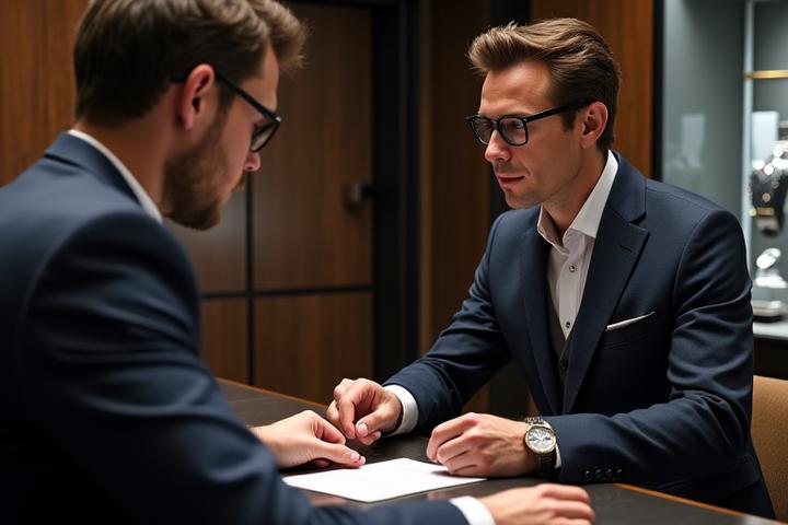 A knowledgeable watch specialist explaining intricate details of a luxury watch to a discerning client in a modern high-end office