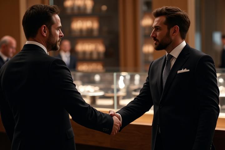 Elegant handshake between two gentlemen at a private watch exhibition, symbolizing exclusive access