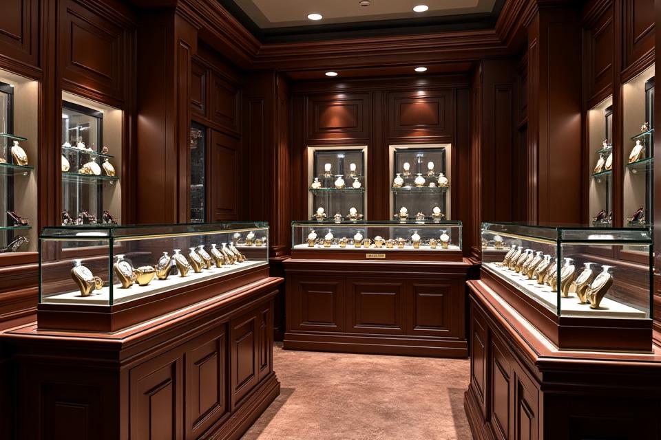 Interior of the Luxury Watches London Mayfair Flagship Boutique, showing elegant watch displays and traditional British design.