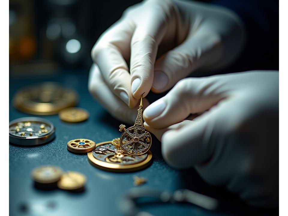 Expert watchmaker's hands meticulously placing a small component onto a mechanical watch movement, with specialized tools visible