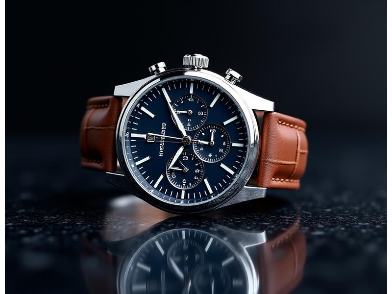Elegant chronograph mechanical watch with a silver dial and leather strap, displayed on a dark luxury surface