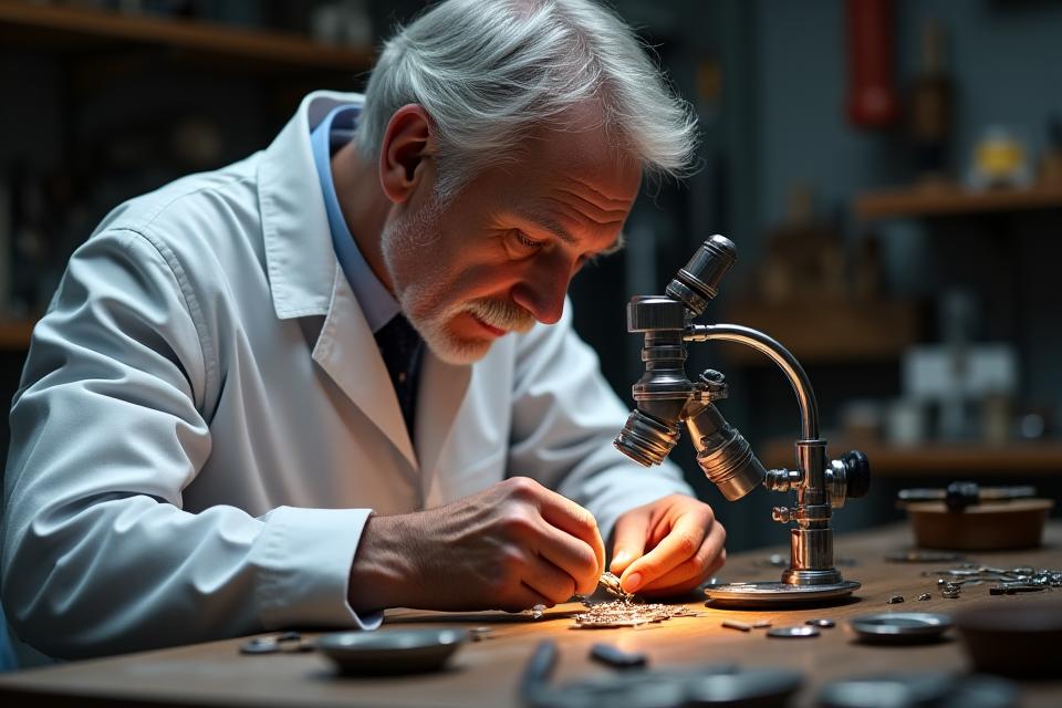 A master Swiss watchmaker meticulously assembling a watch movement under a loupe, bathed in warm, focused light