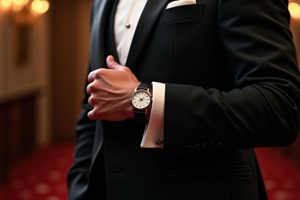A gentleman in a pristine black-tie tuxedo with a discreet, elegant dress watch peeking from his cuff at a formal event.