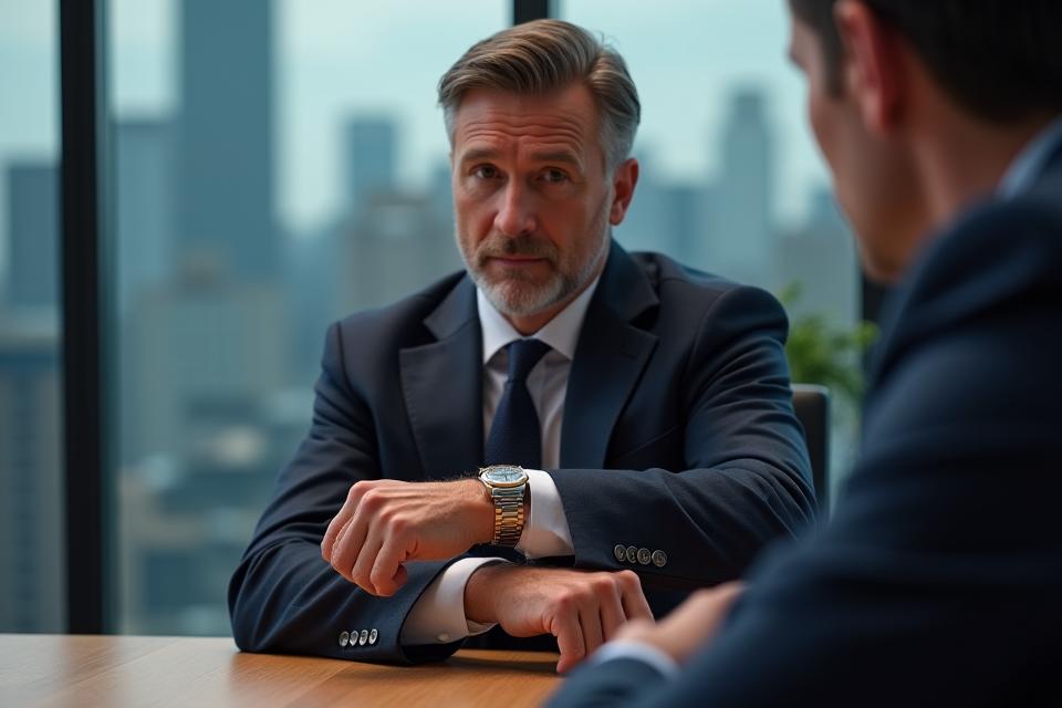 A confident executive in a bespoke suit, subtly checking his Luxury Watch dress timepiece during a high-stakes boardroom meeting.