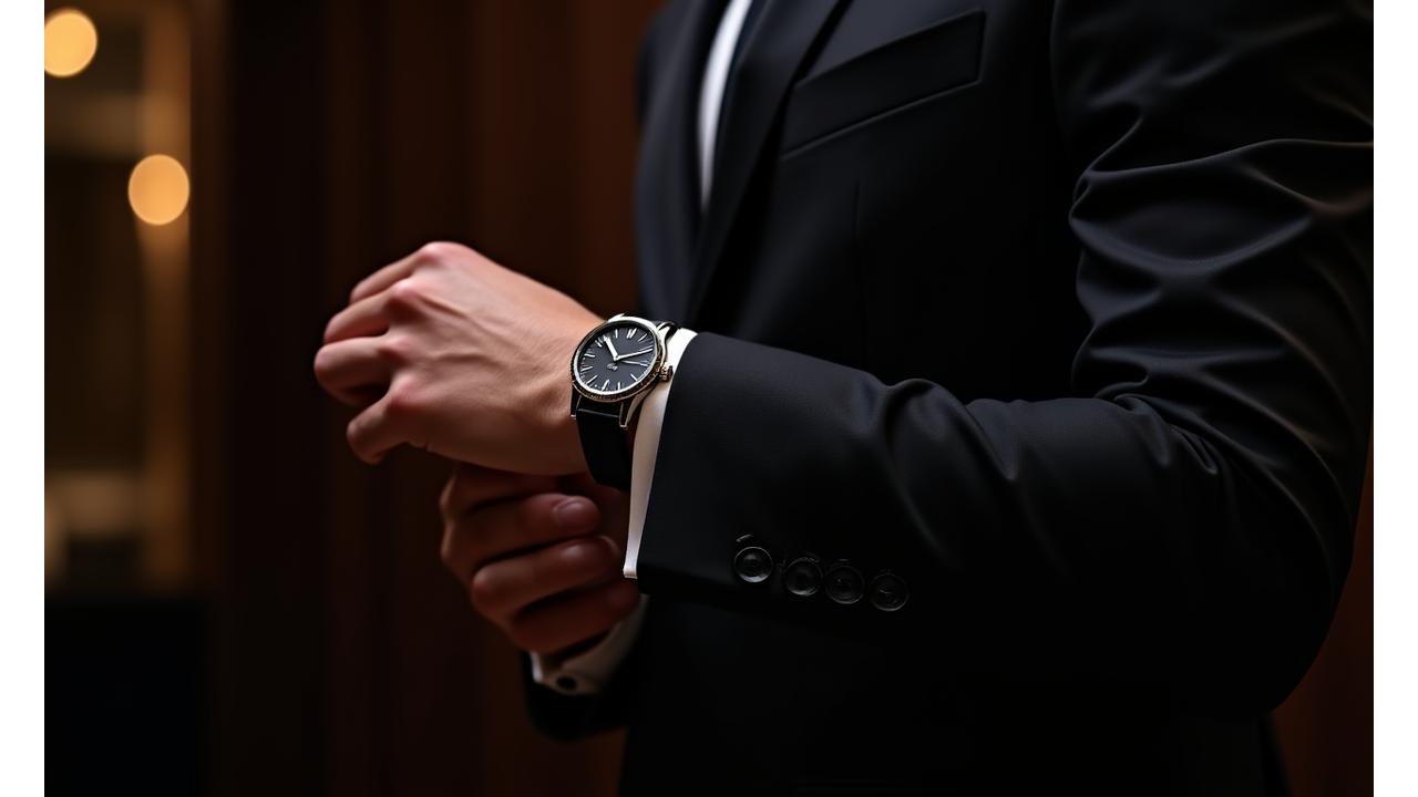 Man in a well-tailored suit wearing an elegant, ultra-thin dress watch, subtly visible at his cuff.