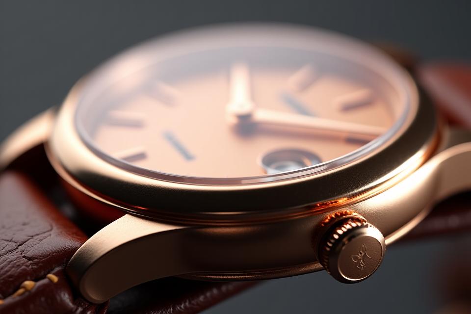 An extremely detailed macro shot of a rose gold watch case, highlighting its warm luster and perfectly polished surface.