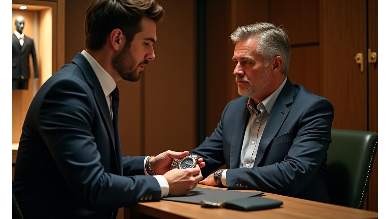 A professional stylist is advising a well-dressed gentleman in a luxurious, warm-lit consultation room, showcasing a high-end dress watch.