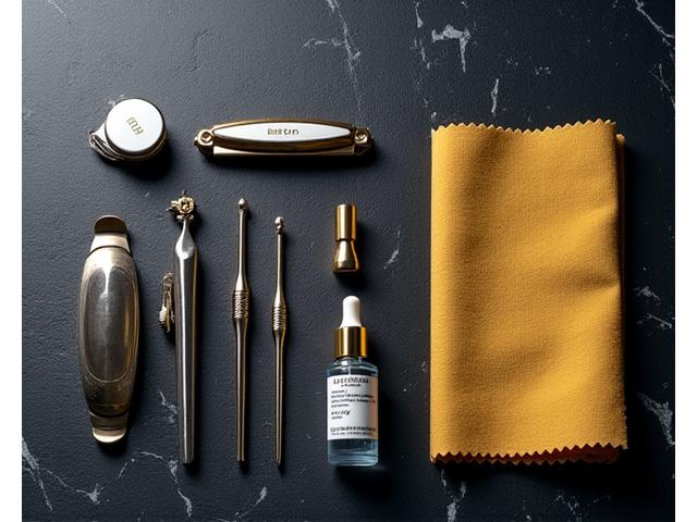 A finely arranged set of watch maintenance tools including small screwdrivers, loupe, and polishing cloths, on a dark, elegant surface.