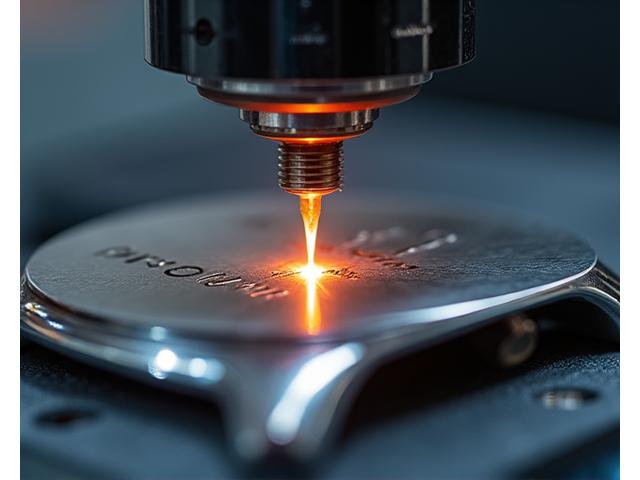 Close-up of a precision laser engraver customizing a metal watch buckle, with elegant light reflections.