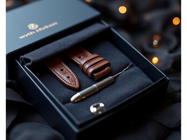 A luxurious gift box opened to reveal a premium watch strap, a polishing cloth, and a small watch tool, elegantly arranged.