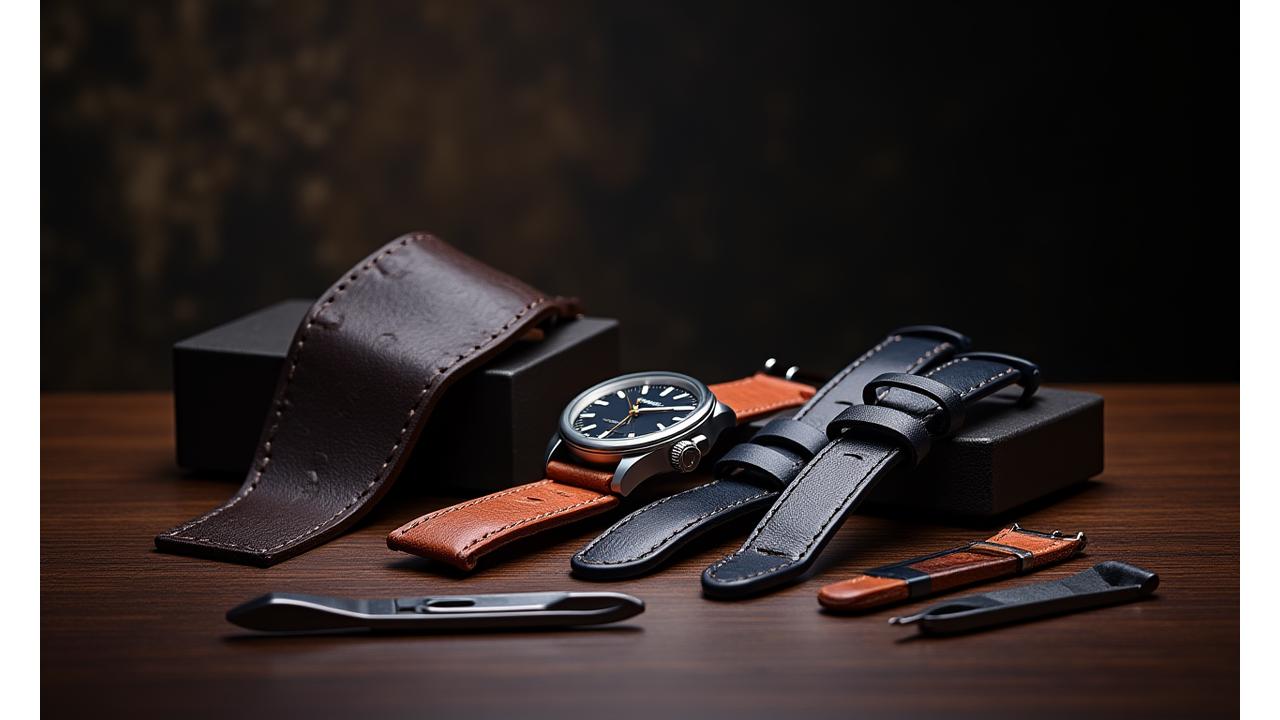 Arrangement of luxury watch accessories including fine leather straps, intricate watch tools, and an elegant watch winder, alongside a classic men's luxury watch.