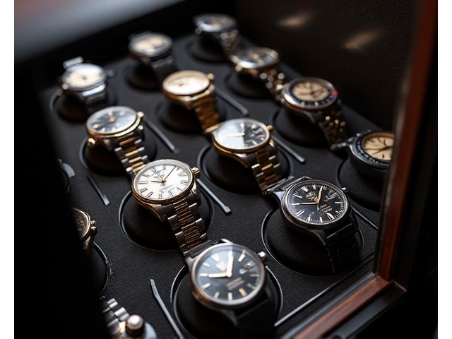 Interior of a luxurious climate-controlled watch winder cabinet showcasing multiple high-end watches.