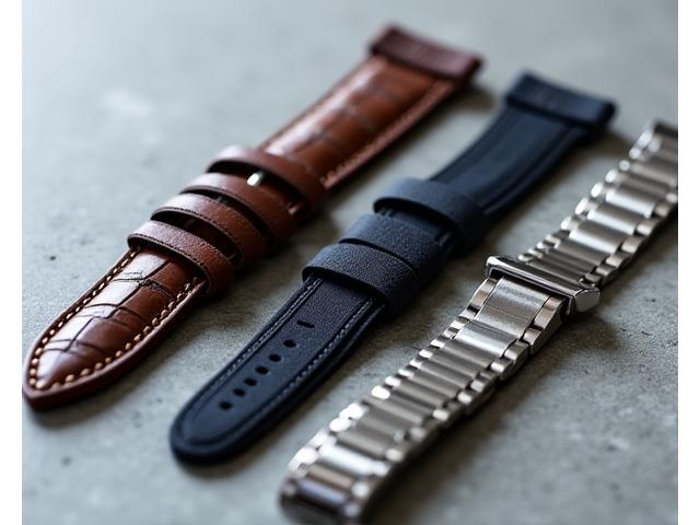 Close-up of various luxury watch straps made from different materials like alligator leather, rubber, and metal, elegantly displayed.