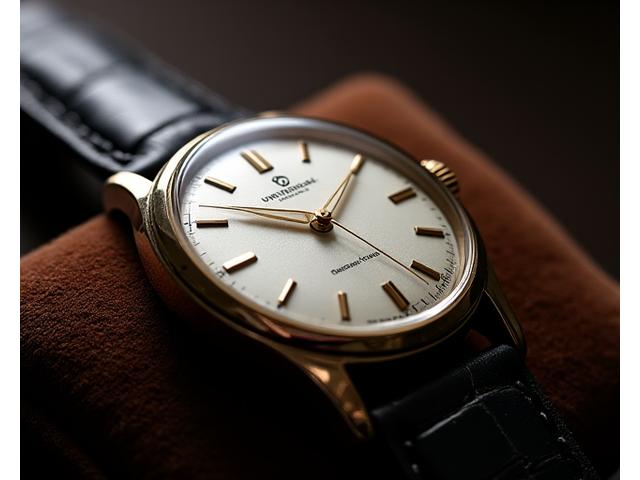 Elegant 1960s vintage dress watch, possibly a Universal Genève Polerouter or a classic Omega Seamaster, with a pristine silver dial and slender hands resting on a dark leather strap.