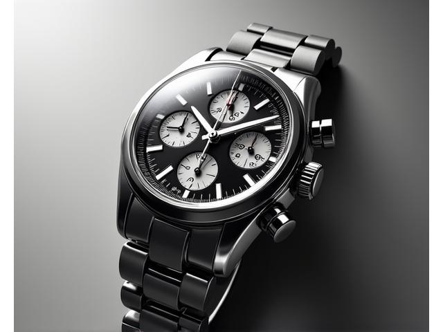 Sporty 1980s vintage chronograph watch, perhaps a Heuer Carrera or an early Breitling, with sub-dials and baton hour markers. The watch is presented on a stainless steel bracelet.