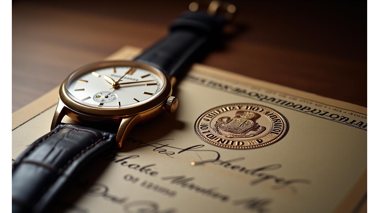 Close-up of a rare vintage timepiece, possibly a Patek Philippe Calatrava, with an official authentication certificate laid beside it on a dark, polished wood surface. The watch dial shows a beautiful patina and intricate details. Soft, warm light highlights its features.