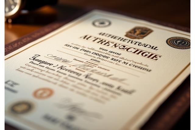 Close-up view of a luxury watch authentication certificate with a holographic seal and detailed provenance records visible, laid open on a dark, elegant surface.