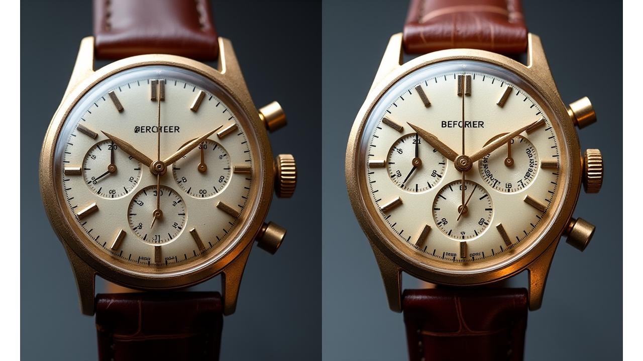 A split image showing a vintage watch 'Before' and 'After' professional restoration. The 'Before' side shows a dusty, scratched watch, while the 'After' side shows the same watch looking pristine, yet retaining its vintage essence.